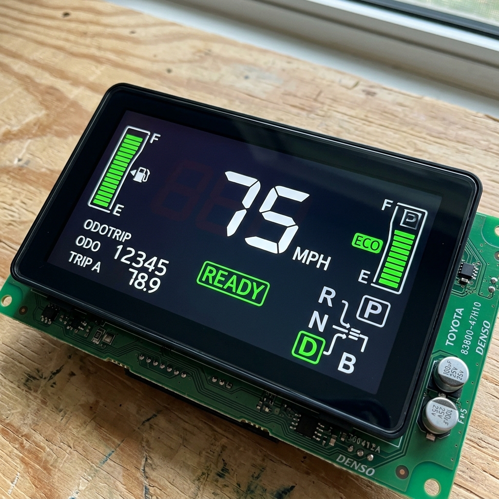 New Toyota Prius combination meter circuit board showing connectors and lit display