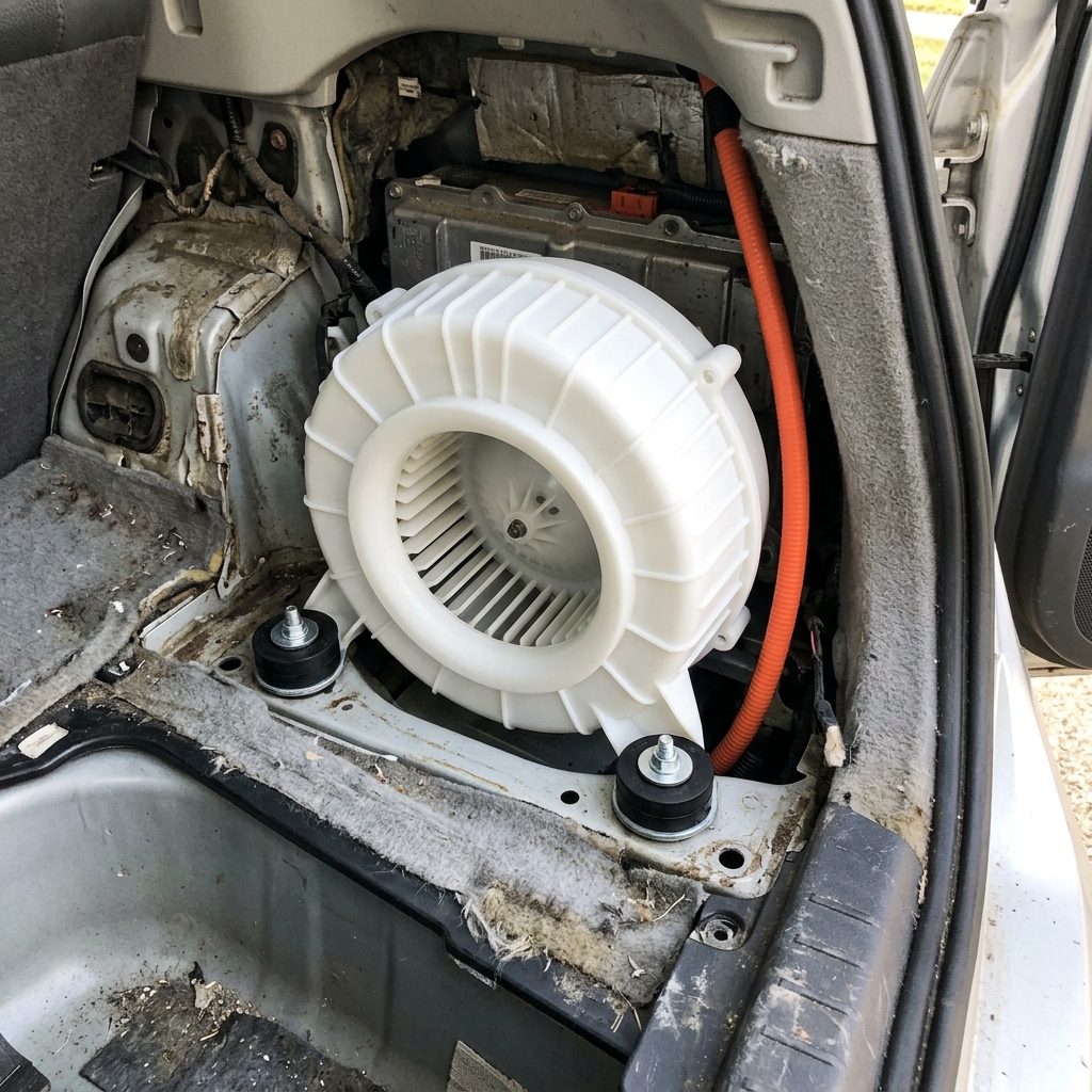 Freshly cleaned hybrid battery cooling fan reinstalled in a Toyota Prius