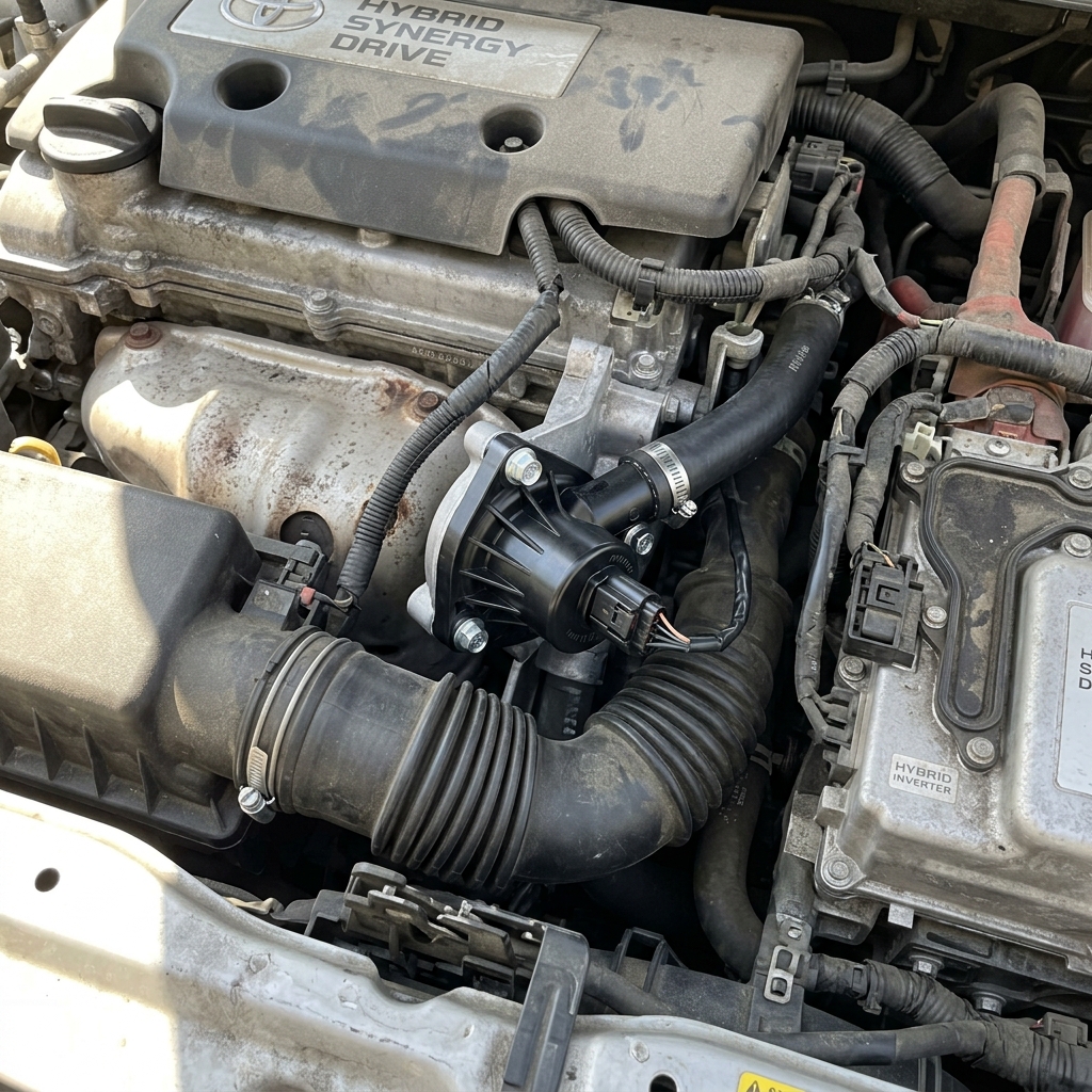 Brand new Toyota Prius engine coolant pump installed in the engine bay