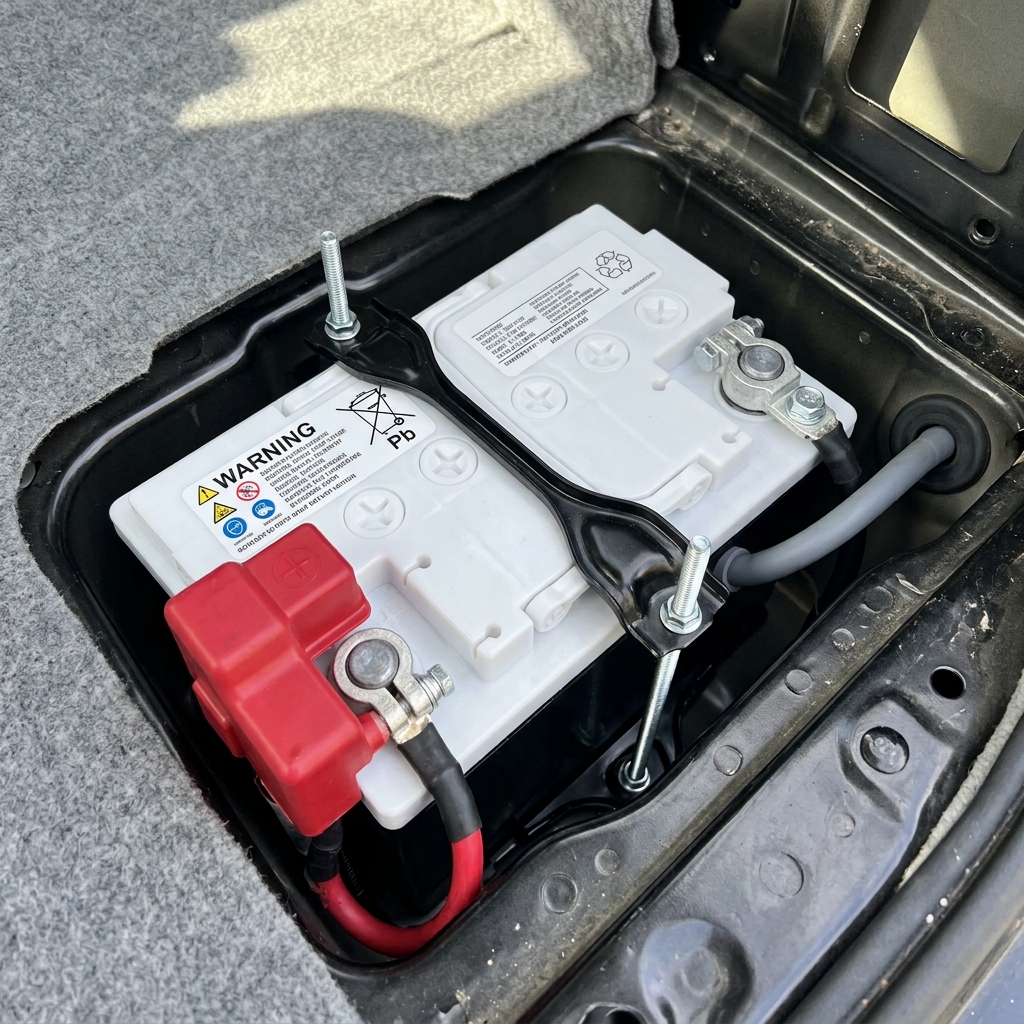 Completed 12V auxiliary battery replacement in the rear cargo area of a Toyota Prius