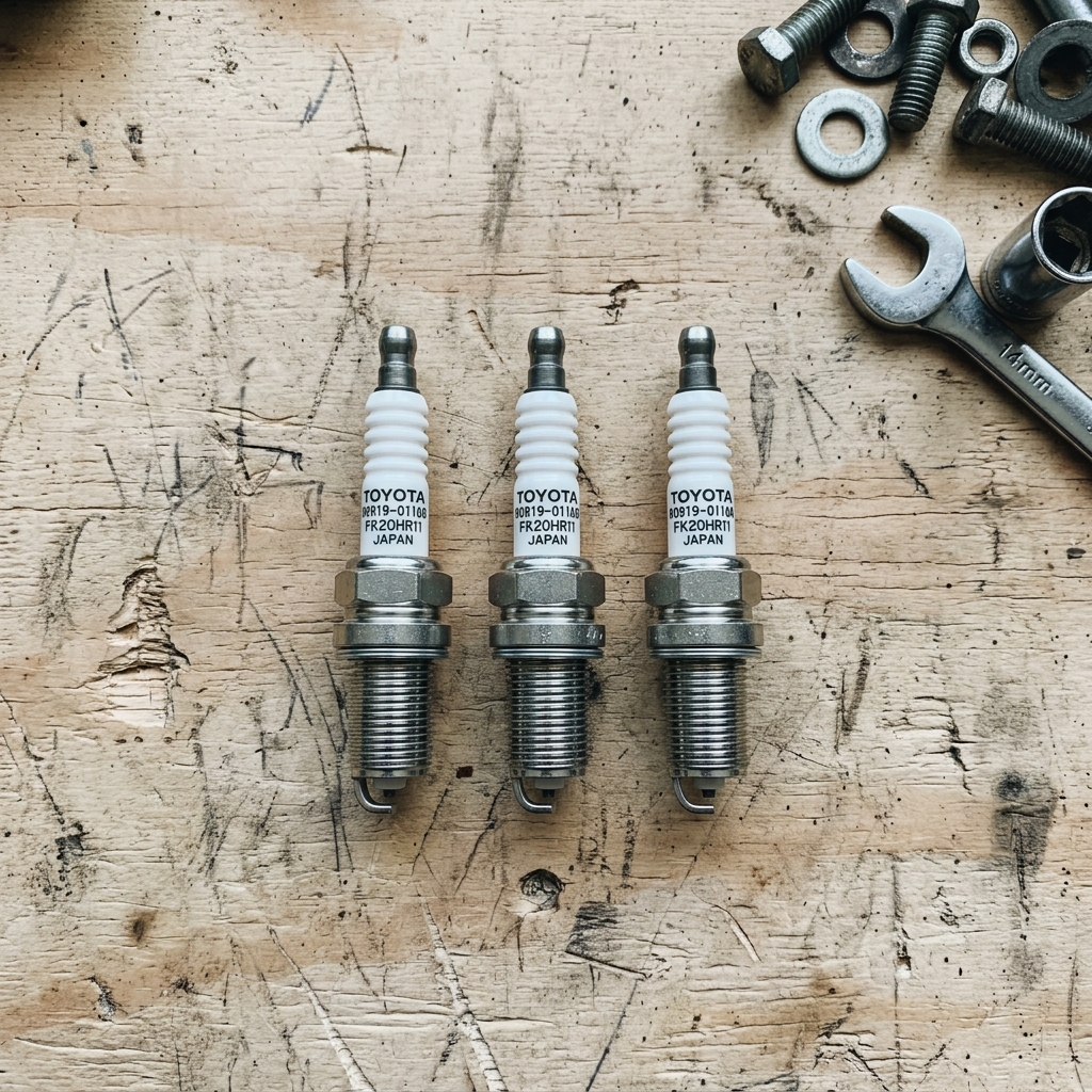 New Toyota Prius spark plug ready to install next to the engine bay