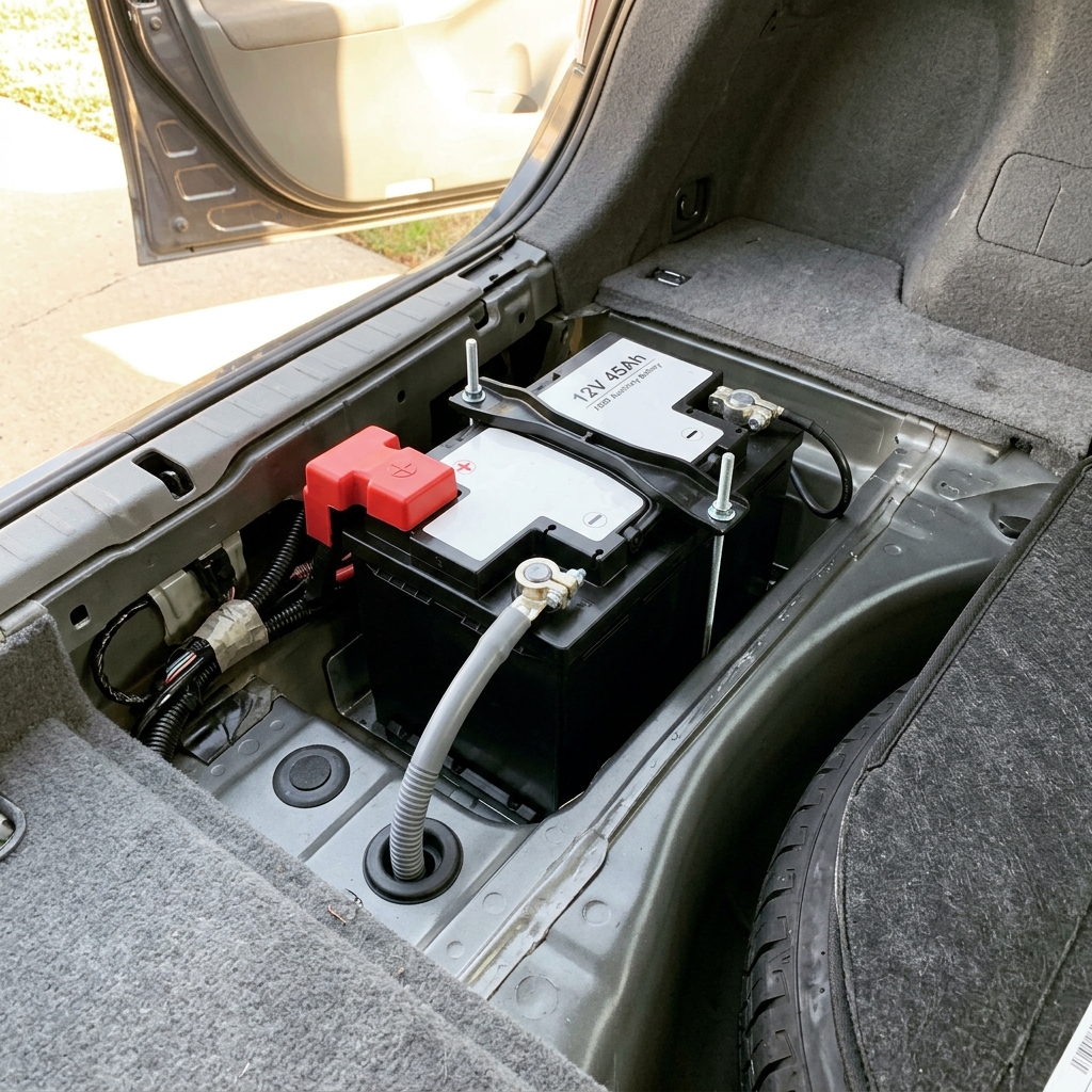 New 12V auxiliary battery installed in the rear cargo area of a Toyota Prius