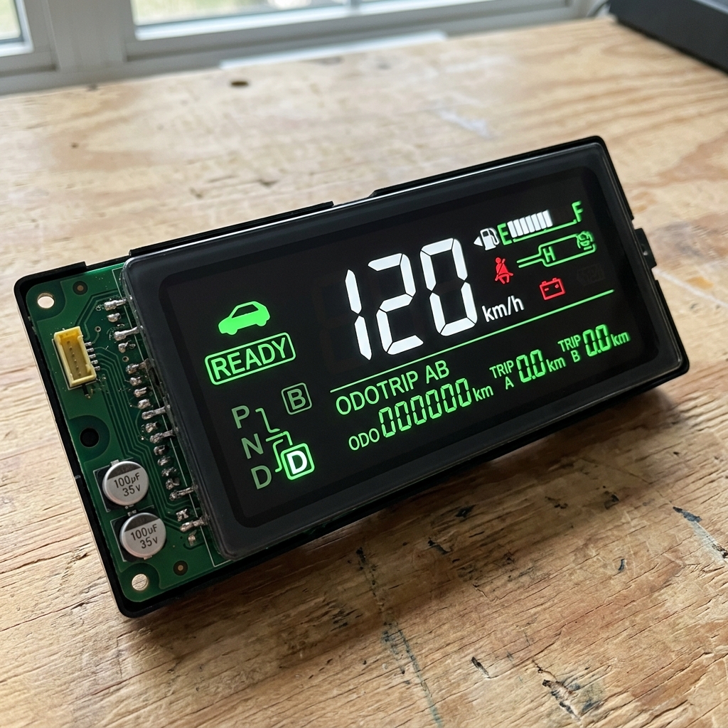 Close up of a working Toyota Prius combination meter display showing speed and gear indicators