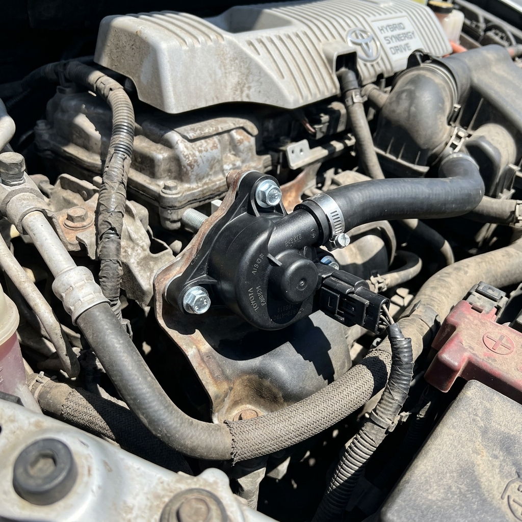 Brand new Toyota Prius coolant pump installed at the mounting location