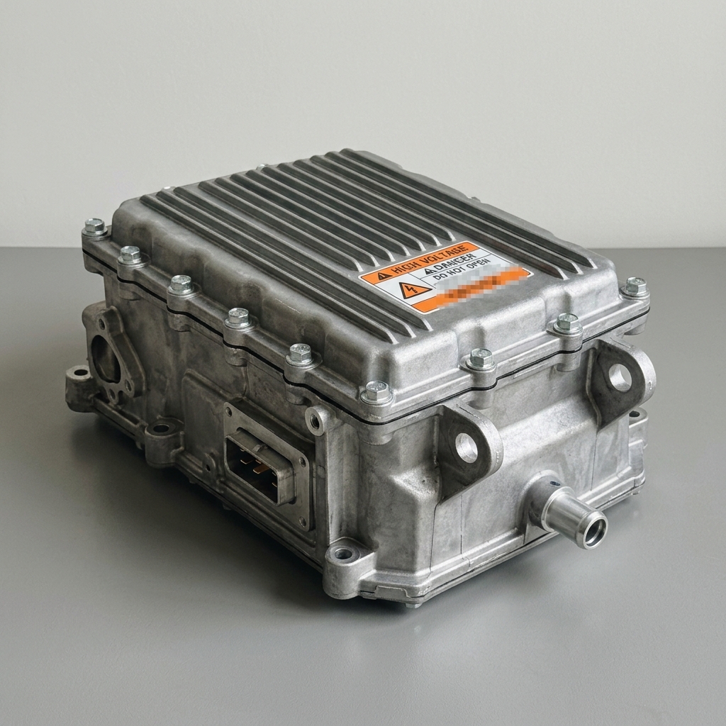 New Toyota Prius hybrid inverter assembly showing cast aluminum housing and coolant port
